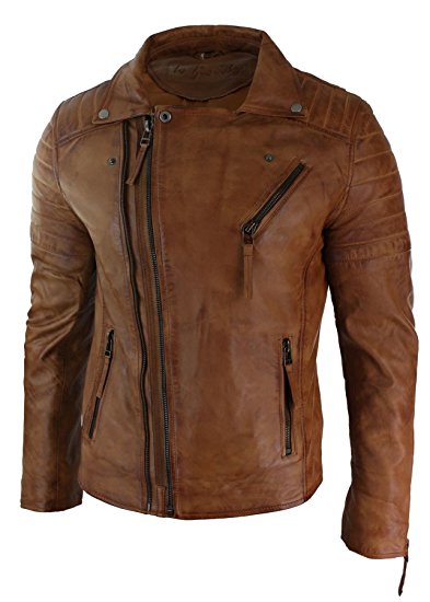 Aviatrix Mens Slim Fit Cross Zip Vintage Brando Washed Real Leather Jacket