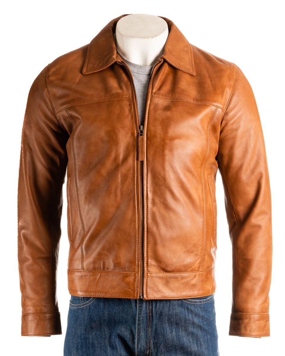 Men's Tan Collared Straightzip Leather Jacket | Men's Best