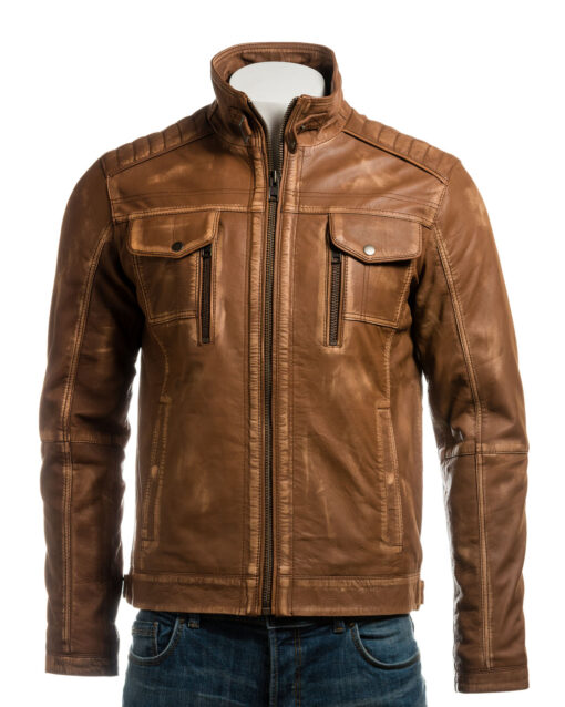 Men's Tan Vintage Biker Style Leather Jacket | Brown Jacket