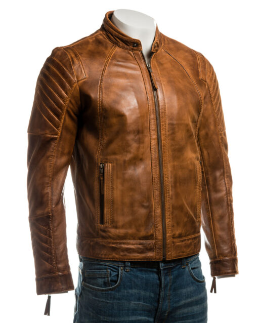 Men's Tan Vintage Biker Style Leather Jacket With Shoulder Men