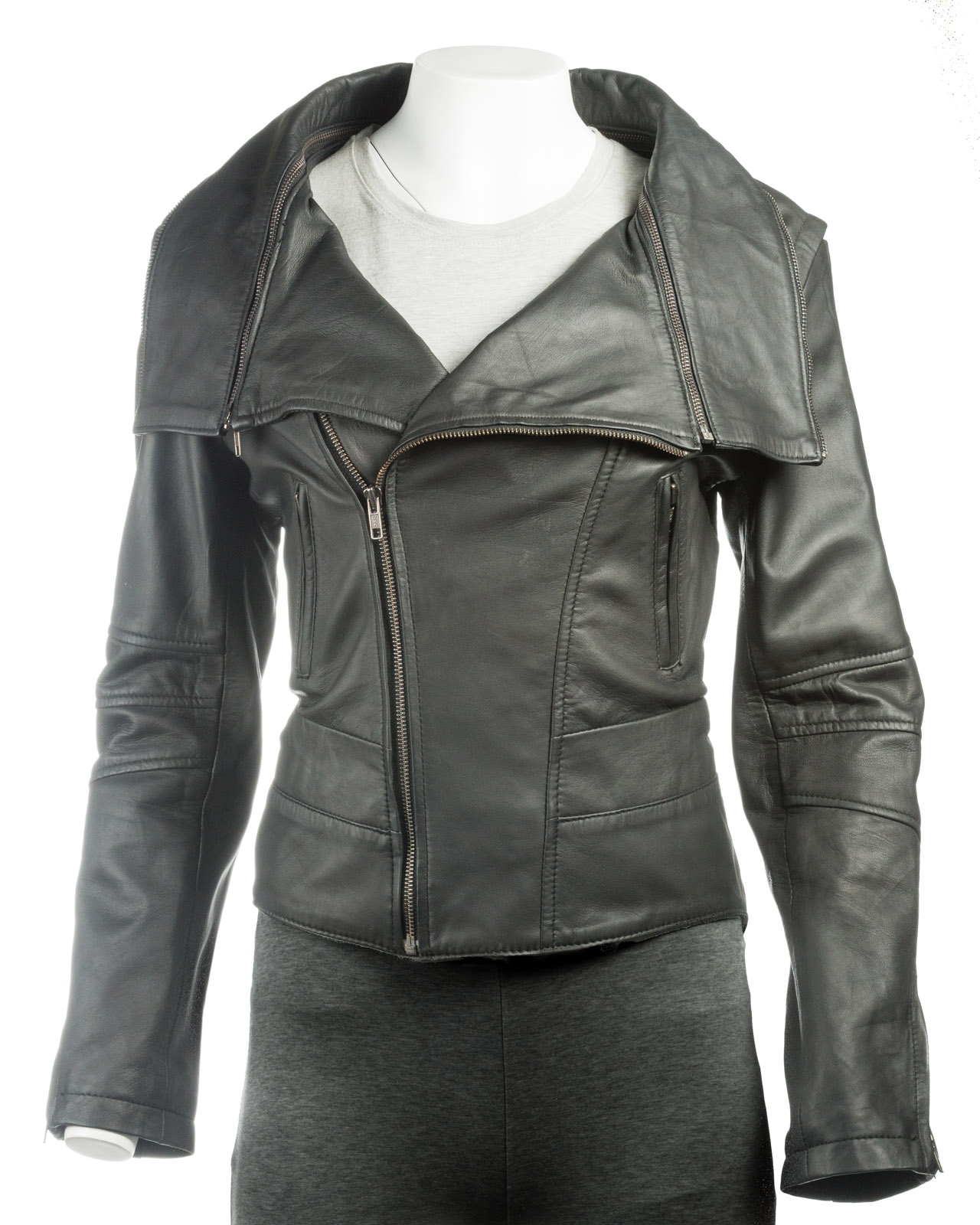 Ladies Black Dual Collar Biker Style Leather Jacket