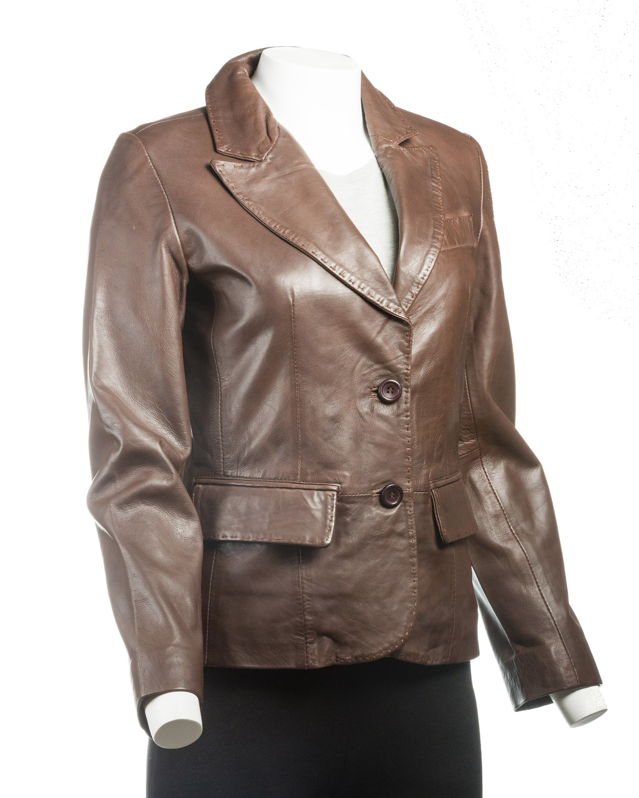 Ladies Brown Short Two Button Single Breasted Leather Blazer