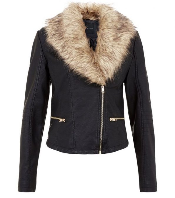 Faux Fur Collar Black Leather Coat | Next Leather Jackets