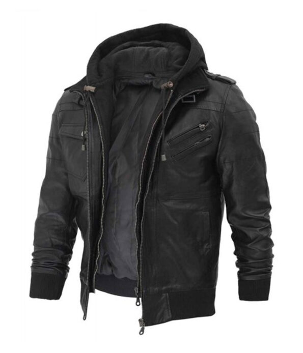 Edinburgh Men's Black Leather Bomber Jacket With Hood