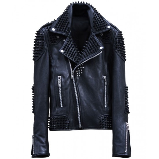 Mens Punk Black Studded Motorcycle Leather Jacket