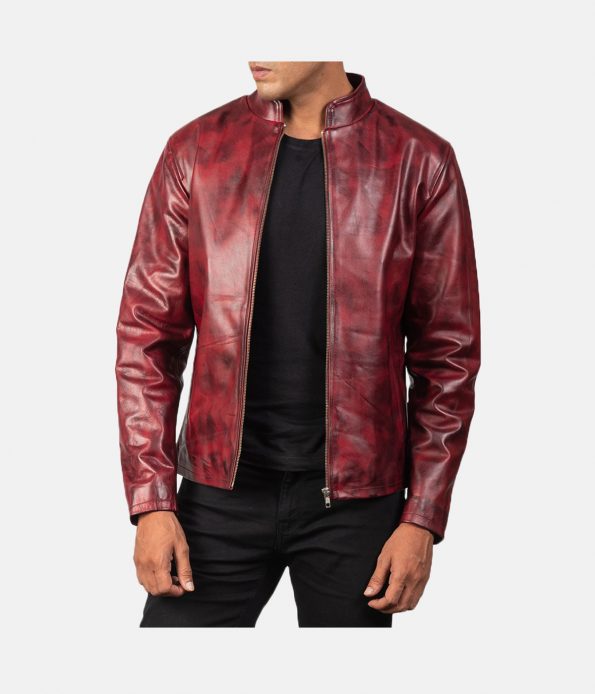 Men's Burgundy Distressed Biker Jacket | Next Leather Jackets